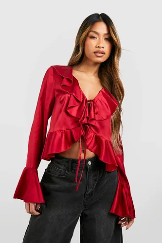 Womens Satin Ruffle Tie Blouse - Red - 6, Red