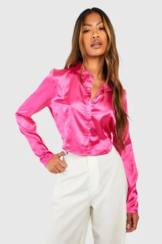 Womens Satin Seam Detail Cropped Shirt - Pink - 10, Pink