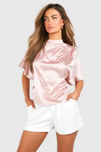Womens Satin Short Sleeve Blouse - Pink - 10, Pink