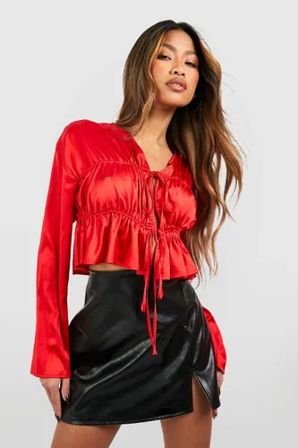 Womens Satin Tie Front Crop Blouse - Red - 6, Red