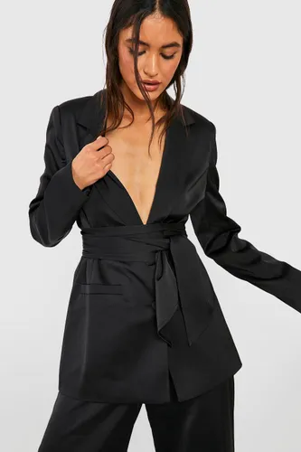 Womens Satin Tie Waist Tailored Blazer - Black - 10, Black
