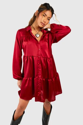 Womens Satin Tiered Smock Shirt Dress - 6, Red
