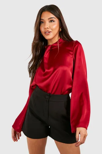 Womens Satin Twist Neck Flared Sleeve Blouse - 10, Red