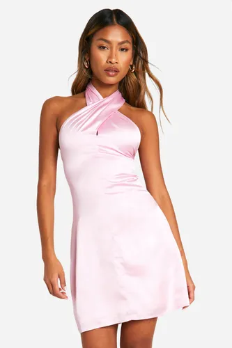 Womens Satin Twist Neck Mini Dress - Pink - 8, Pink
