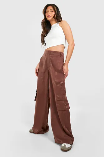 Womens Satin Wide Leg Cargo Trousers - Brown - 6, Brown