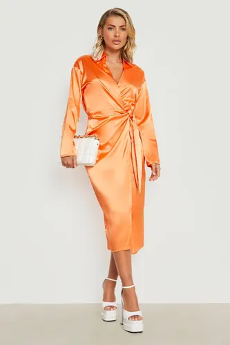 Womens Satin Wrap Midaxi Shirt Dress - Orange - 8, Orange