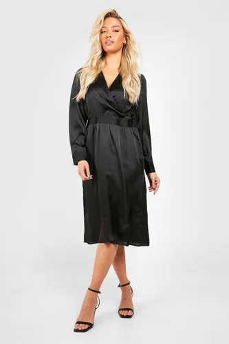 Womens Satin Wrap Midi Dress - Black - 8, Black