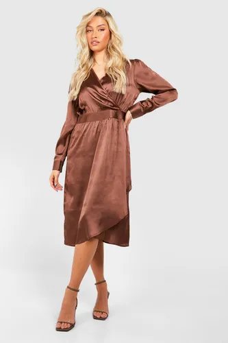 Womens Satin Wrap Midi Dress - Brown - 8, Brown