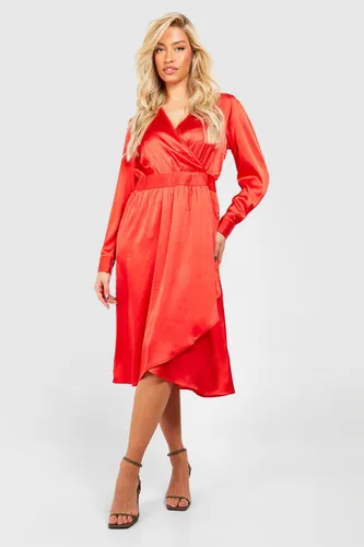 Womens Satin Wrap Midi Dress - Red - 8, Red