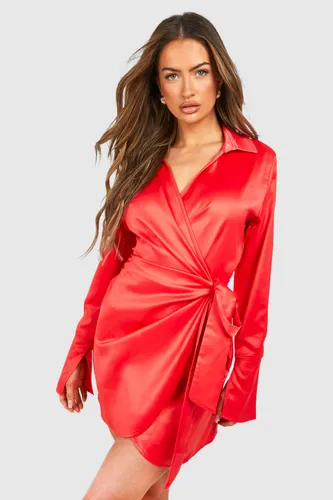 Womens Satin Wrap Mini Shirt Dress - Red - 8, Red