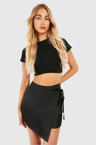 Womens Satin Wrap Mini Skirt - Black - 6, Black