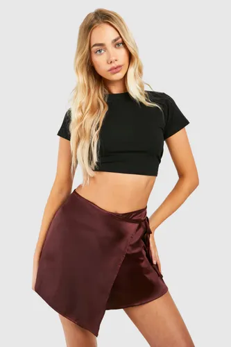 Womens Satin Wrap Mini Skirt - Brown - 6, Brown