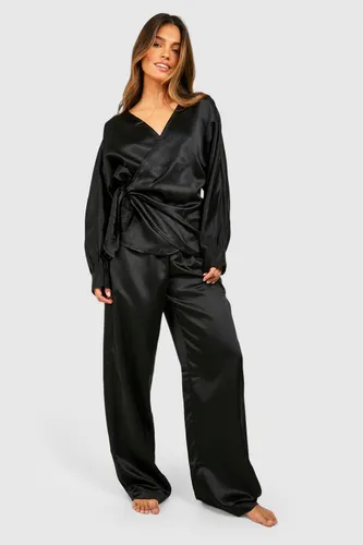 Womens Satin Wrap Pyjama Set - Black - 6, Black
