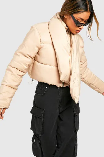 Womens Scarf Detail Puffer Jacket - Beige - 8, Beige