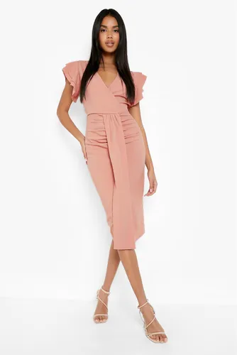 Womens Scuba Ruffle Wrap Draped Midi Dress - Pink - 8, Pink