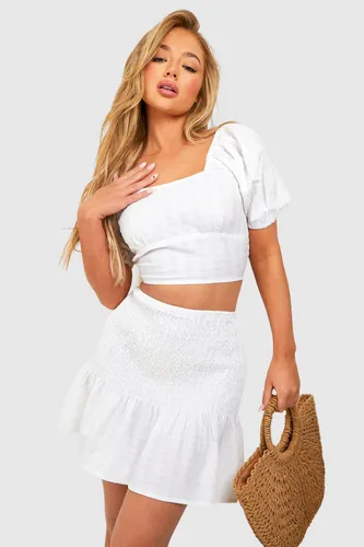 Womens Seersucker Puff Sleeve Crop & Shirred Mini Skirt - White - 14, White