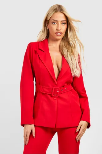 Womens Self Fabric Belted Fitted Blazer - Red - 6, Red