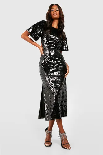 Womens Sequin Angel Sleeve Cut Out Midi Party Dress - Black - 8, Black