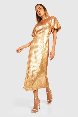 Womens Sequin Angel Sleeve Cut Out Midi Party Dress - Gold - 8, Gold