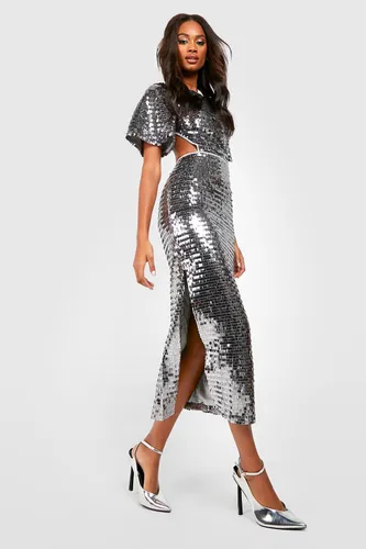 Womens Sequin Angel Sleeve Cut Out Midi Party Dress - Grey - 12, Grey