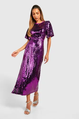 Womens Sequin Angel Sleeve Cut Out Midi Party Dress - Purple - 8, Purple
