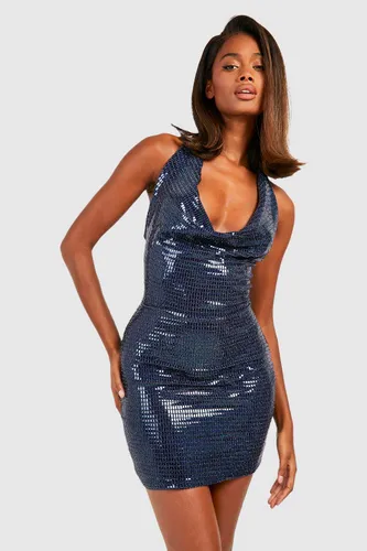 Womens Sequin Cowl Drape Mini Dress - Blue - 16, Blue