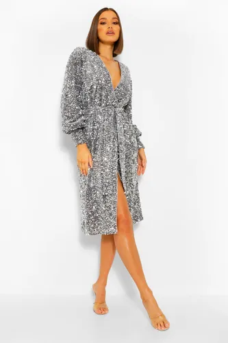 Womens Sequin Long Sleeve Tie Waist Midi Party Dress - Grey - 8, Grey