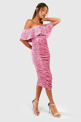 Womens Sequin Off The Shoulder Midi Party Dress - Pink - 8, Pink