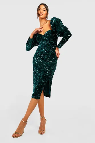 Womens Sequin Puff Sleeve Midi Party Dress - Green - 8, Green