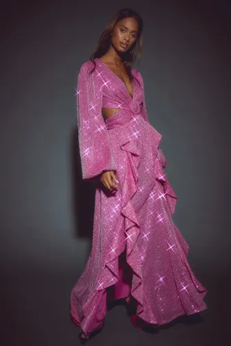 Womens Sequin Ruffle Ring Detail Maxi Dress - Pink - 10, Pink