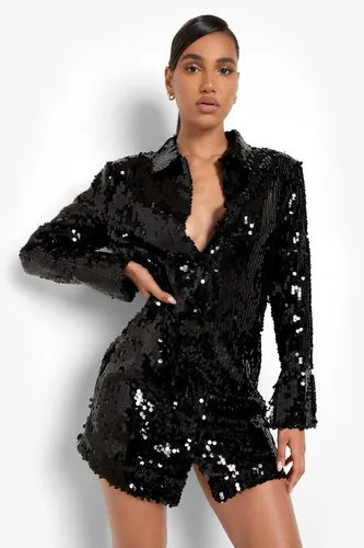 Womens Sequin Split Cuff Power Shoulder Shirt Party Dress - Black - 8, Black