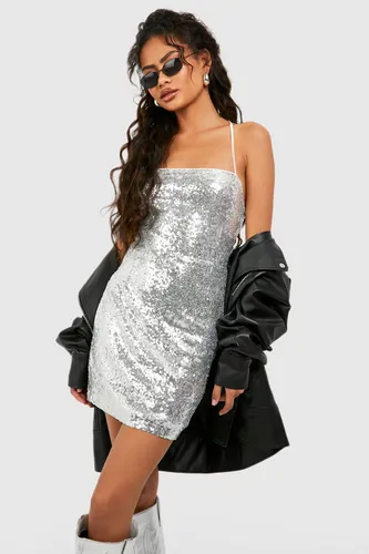 Womens Sequin Strappy Back Bodycon Party Dress - Grey - 14, Grey