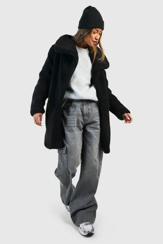 Womens Shawl Collar Teddy Faux Fur Jacket - Black - 14, Black