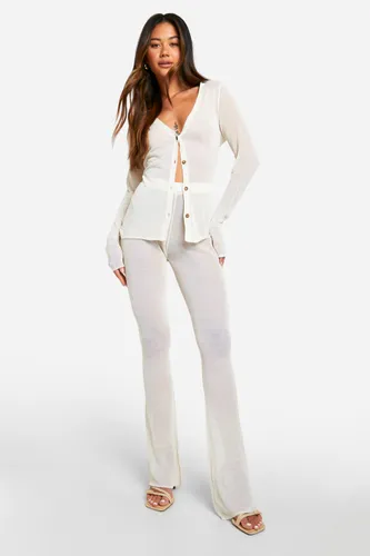 Womens Sheer Fine Knitted Shirt And Flared Trouser Set - White - 8, White