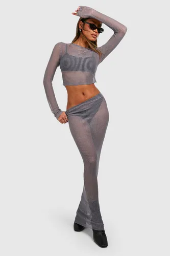 Womens Sheer Ladder Stitch Knitted Maxi Skirt - Grey - 10, Grey