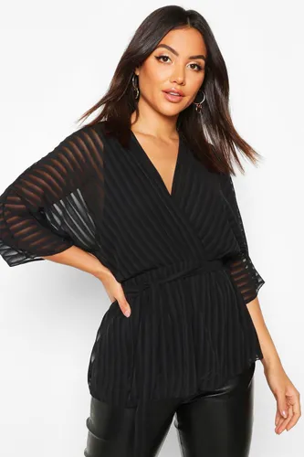 Womens Sheer Stripe Wrap Belted Blouse - Black - 8, Black