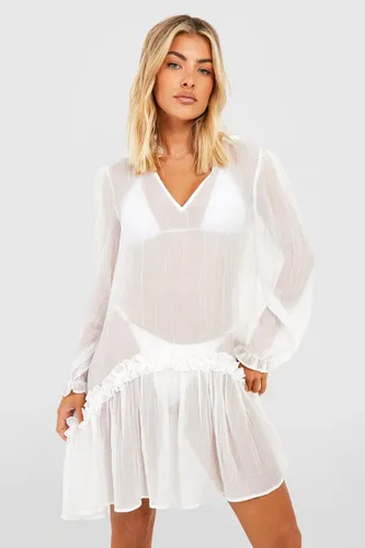 Womens Sheer Texture Ruffle Beach Cover-Up Dress - White - S, White