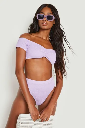 Womens Shirred Short Sleeve Bardot Bikini Top - Purple - 8, Purple
