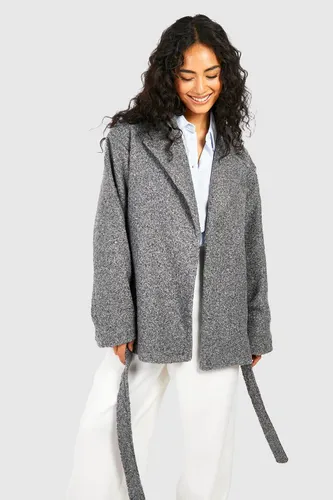 Womens Short Belted Textured Wool Look Coat - Grey - 10, Grey