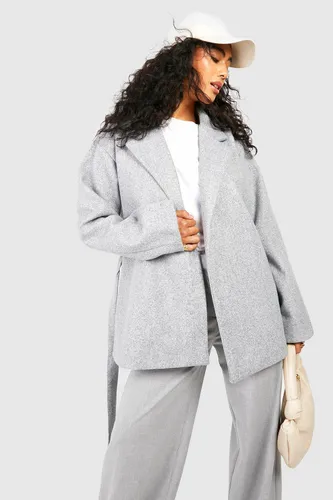 Womens Short Belted Wool Look Coat - Grey - 14, Grey