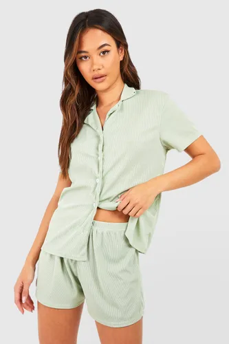 Womens Short Sleeve Rib Pyjama Shirt - Green - 10, Green