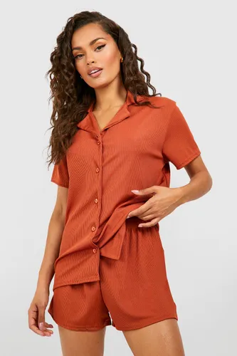 Womens Short Sleeve Rib Pyjama Shirt - Orange - 10, Orange