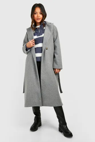 Womens Shoulder Pad Belted Wool Look Coat - Grey - 10, Grey