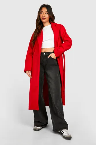 Womens Shoulder Pad Belted Wool Look Coat - Red - 8, Red
