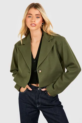 Womens Shoulder Pad Boxy Crop Wool Look Jacket - Green - 8, Green