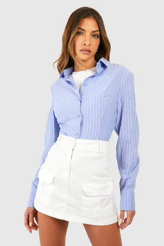 Womens Shoulder Pad Cinched Waist Striped Shirt - Blue - 8, Blue