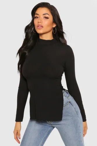 Womens Side Split Roll/Polo Neck Knitted Ribbed Top - Black - S, Black