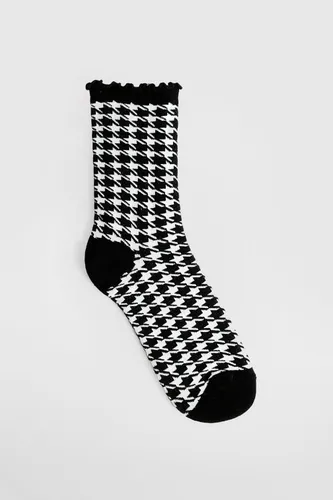 Womens Single Houndstooth Frill Socks - Black & White - One Size, Black & White