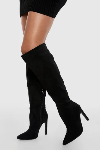 Womens Skinny Block Heel Pointed Toe Knee High Boots - Black - 8, Black