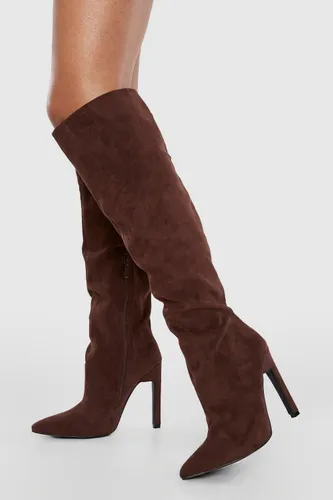 Womens Skinny Block Heel Pointed Toe Knee High Boots - Brown - 3, Brown